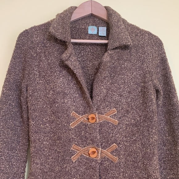 Anthropologie HWR Brown Boucle Knit Velvet Trim Button Cardi Blazer Sweater XS - Picture 3 of 16